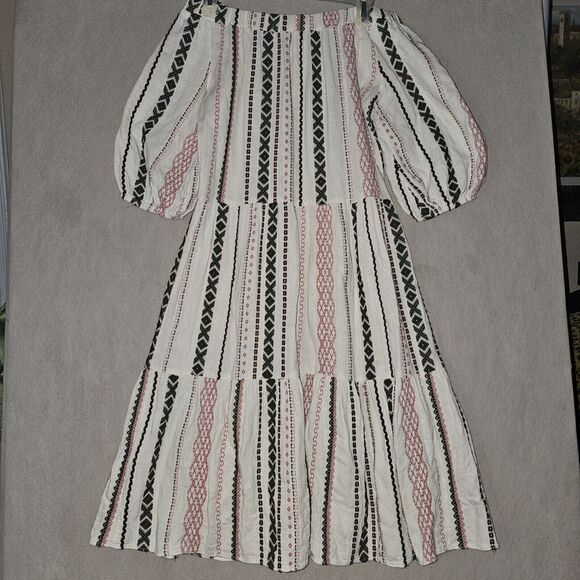 Boho Hippie Tiered Midi Dress Size Small Off Cold Shoulder Puff Sleeves Comfort - Picture 8 of 9